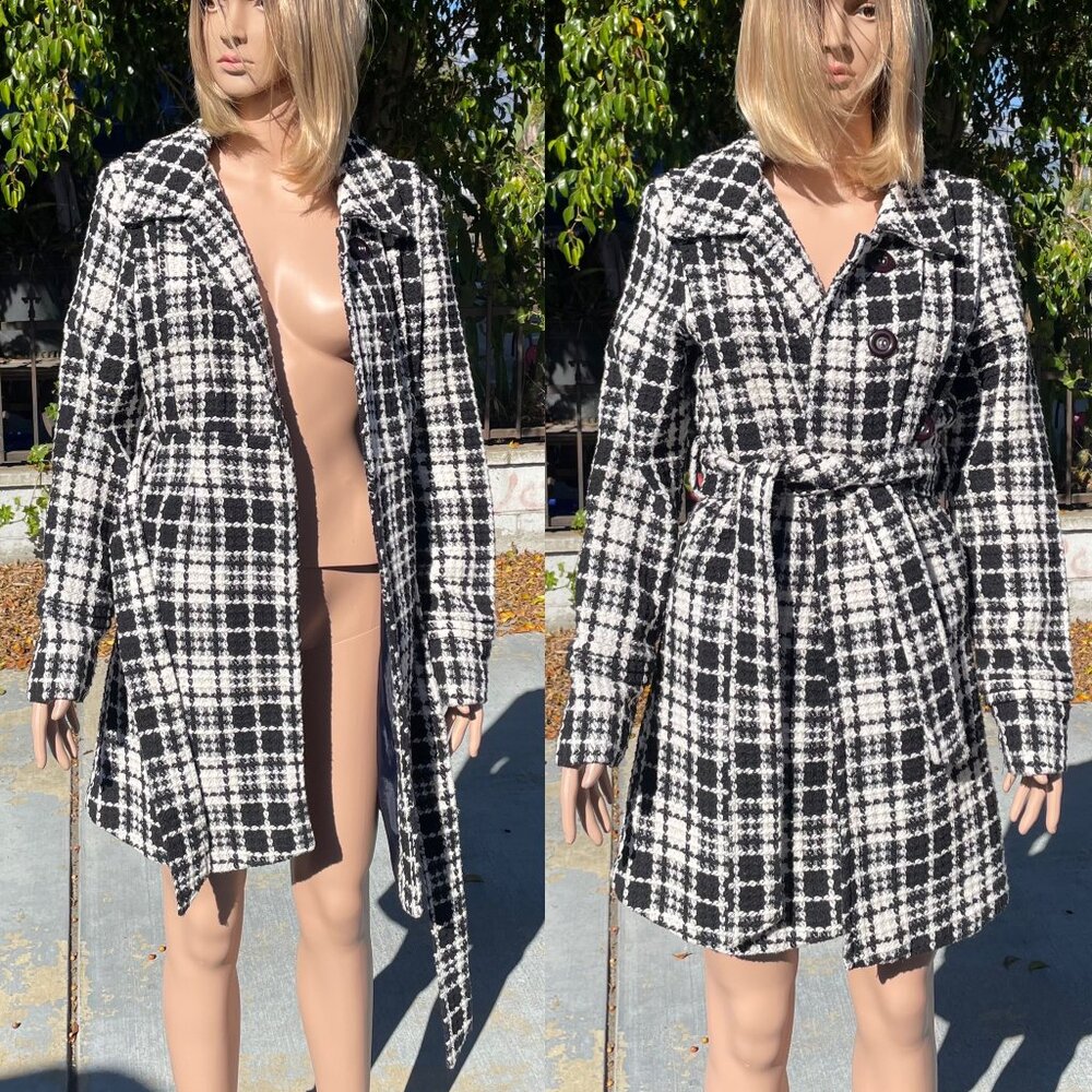 Tweed Gingham Houndstooth Checkered Peacoat Trench Coat Blazer Belt Jou Jou